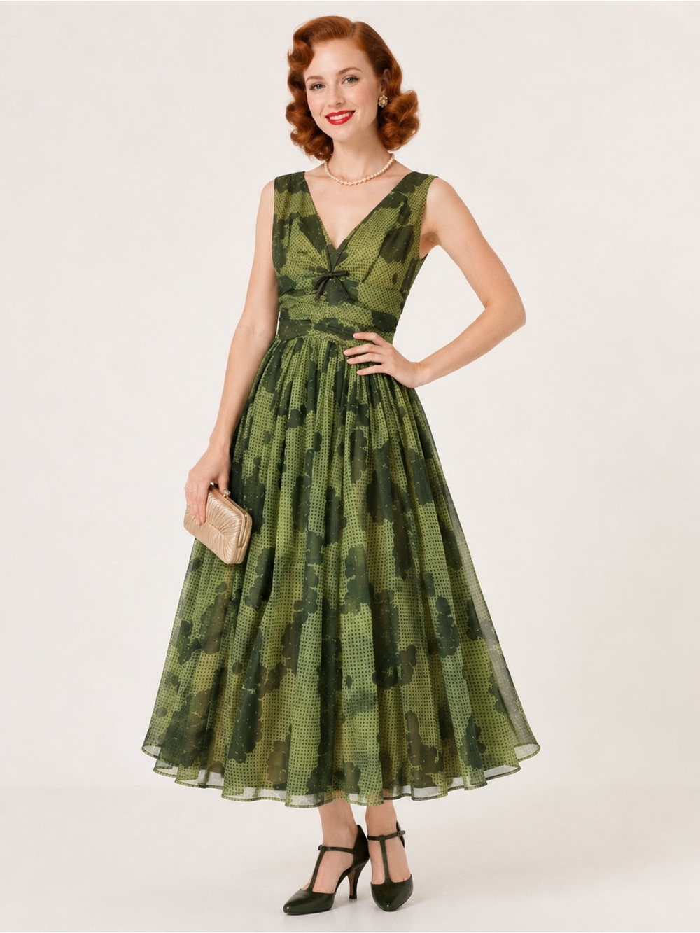 Vintage 1950s Green Fit Flare Dress Opera Length ILGWU Party Formal XS